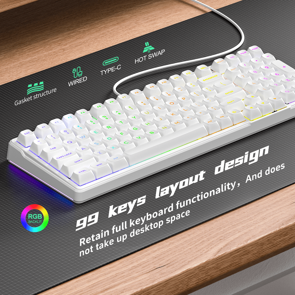 FURYCUBE Wired Gaming Keyboard with Rainbow Backlighting, Portable Black Design, Suitable for Office Use - 99 Keys, External Computer Keyboard, Ergonomic Design, Multimedia Knob, Spherical Keycaps, Suitable for Gamers and Office Workers