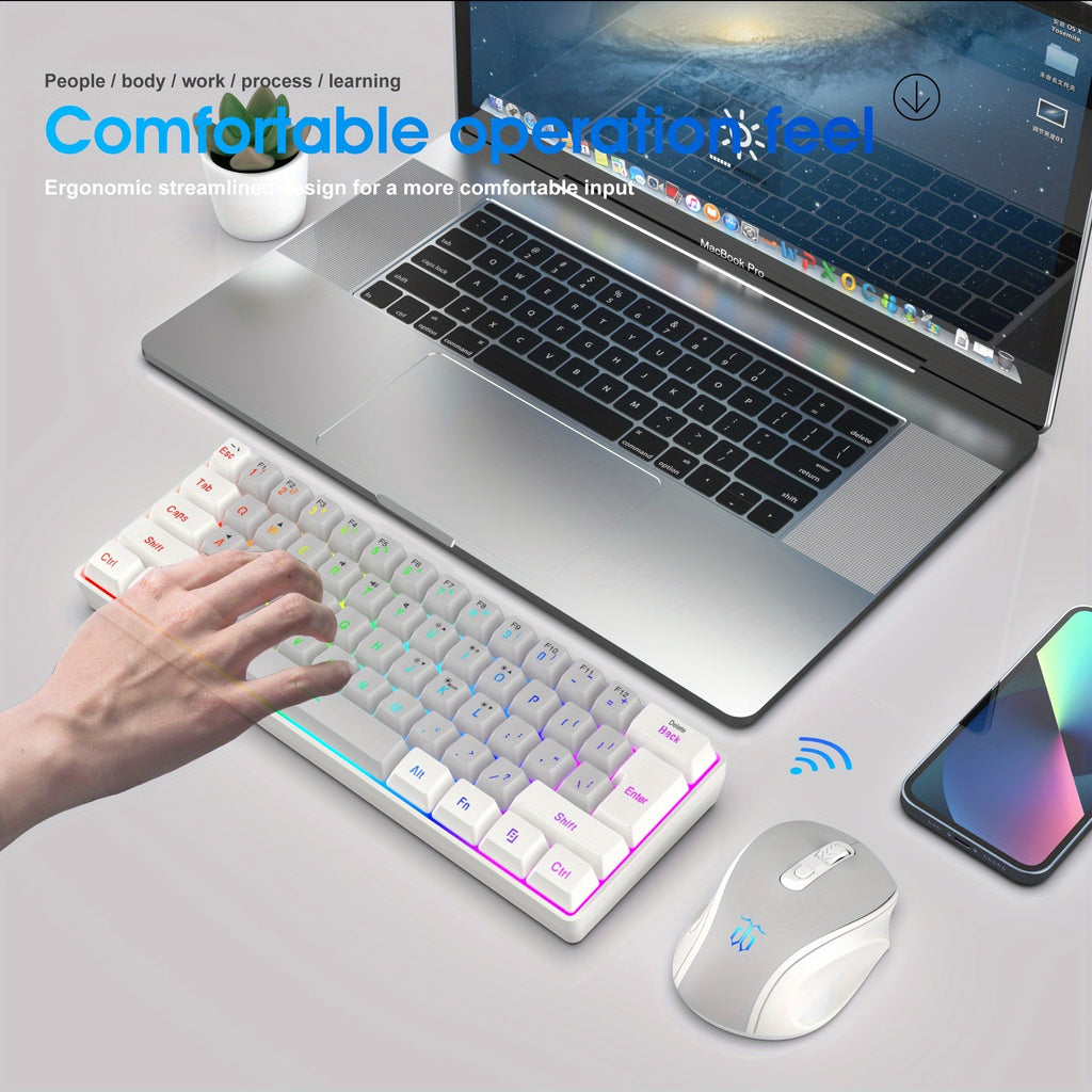 Snpurdiri'S 60% Wireless Gaming Keyboard Features RGB Lighting And Comes with a 2.4G Wireless Mouse. It Includes a Compact Mechanical Touch Keyboard with an Ergonomic Design And Is Rechargeable